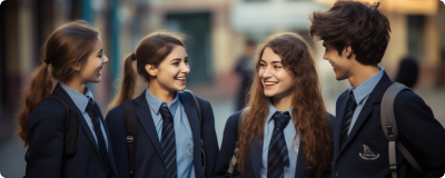 group high school teenagers chatting with each other street front school buildingcreated with generative ai technology 1